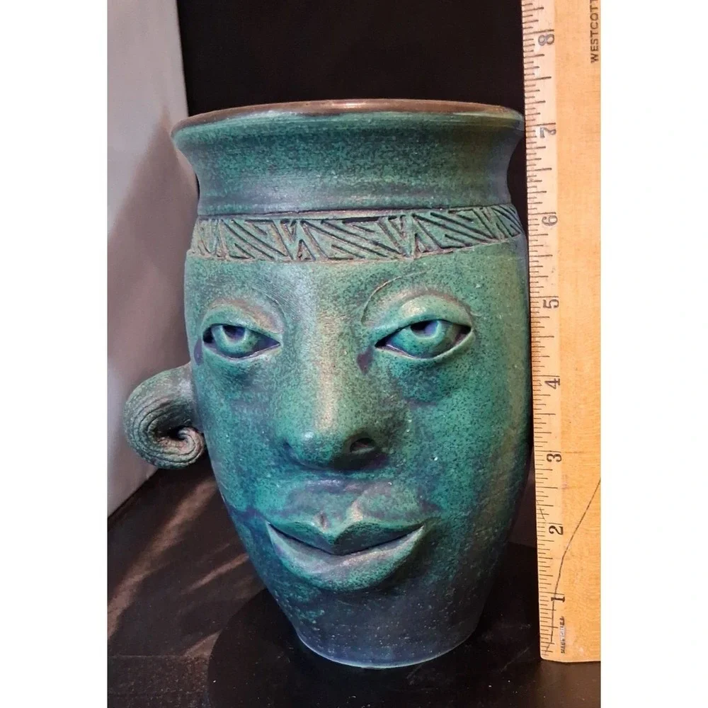 Bruce Fontaine Orig. Turquoise Glazed Ceramic Vase with Abstract Human Face